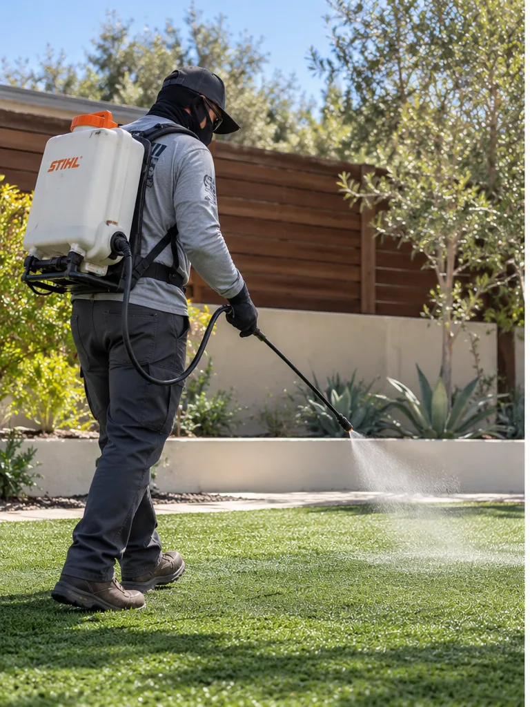 Worker spraying a residential artificial turf lawn
