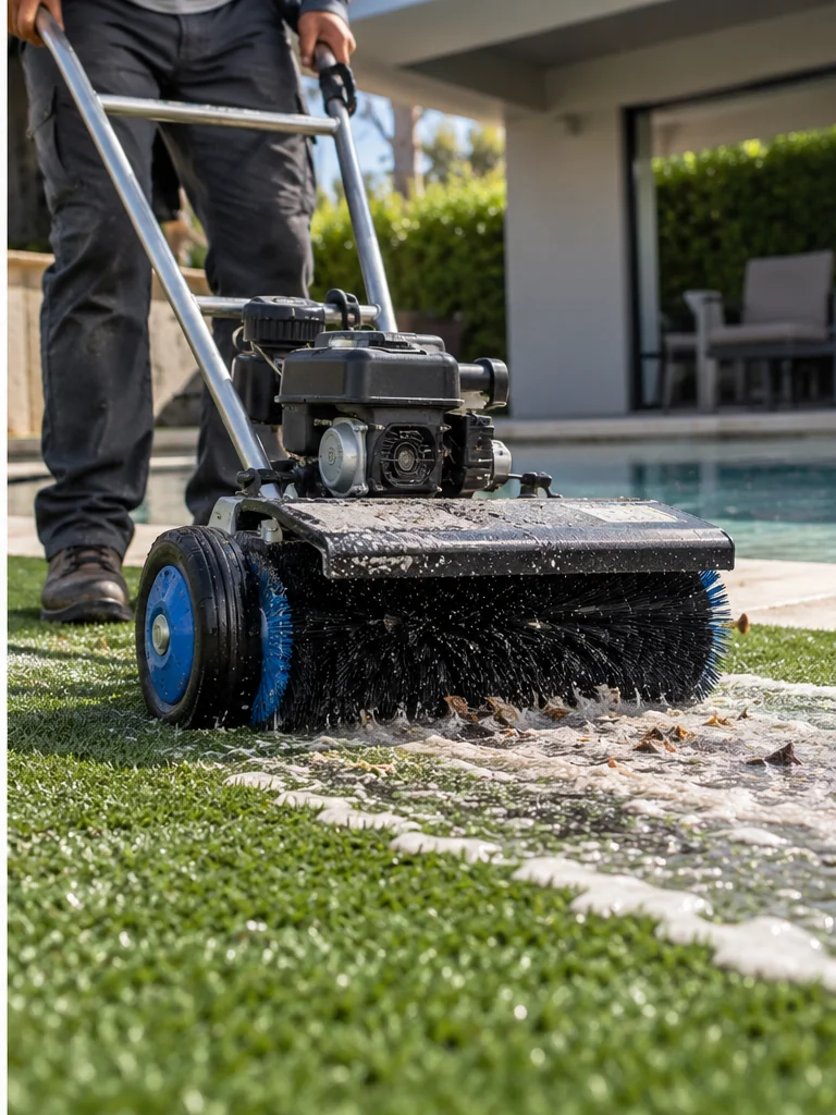 Technician power brushing artificial turf to remove debris and groom fibers