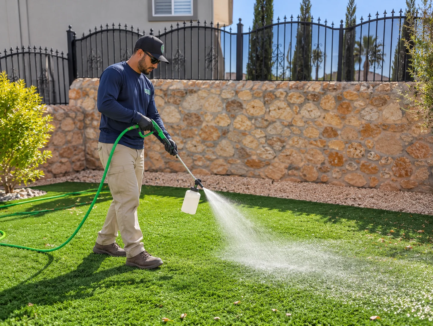 Technician applying turf cleaning treatment using a hose and sprayer